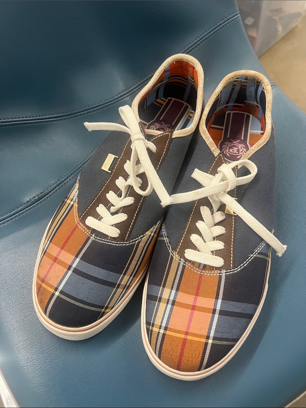 Phat Farm Navy & Orange Plaid Patchwork Canvas Men’s Sneakers Size 12